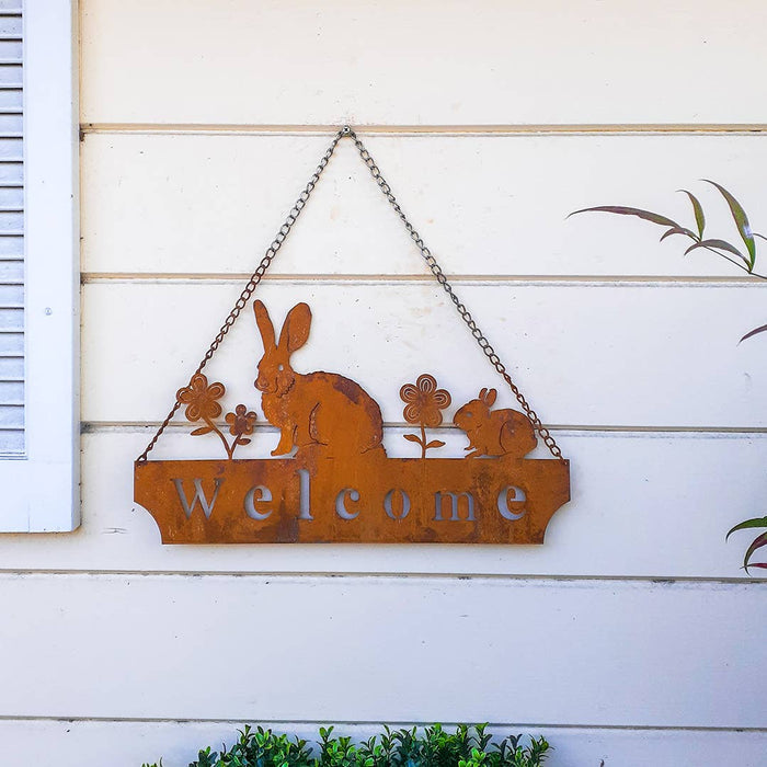 Mtl Rust/Nat Welcome Rabbits Garden Art