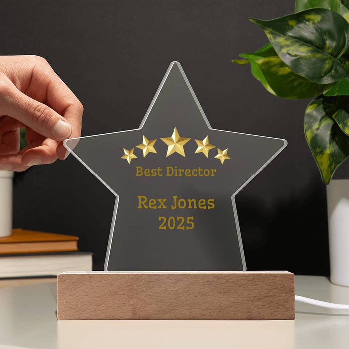 Personalized Acrylic Star Plaque – Best Director Award with Gold Stars, Custom Name & Year