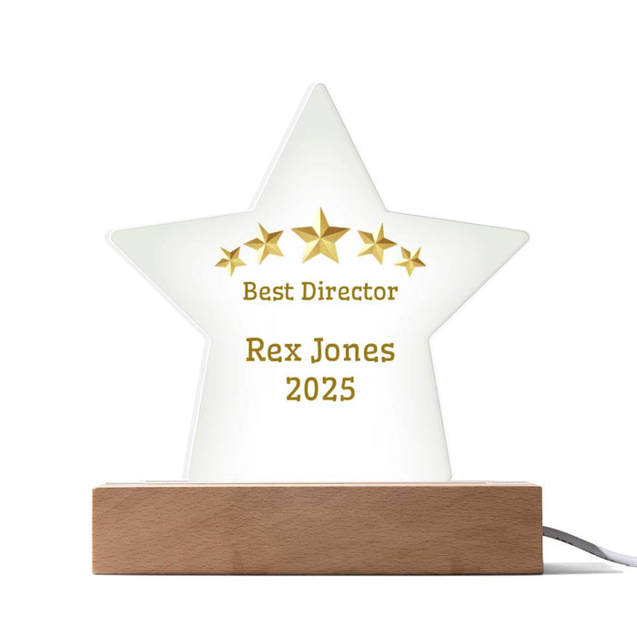 Personalized Acrylic Star Plaque – Best Director Award with Gold Stars, Custom Name & Year