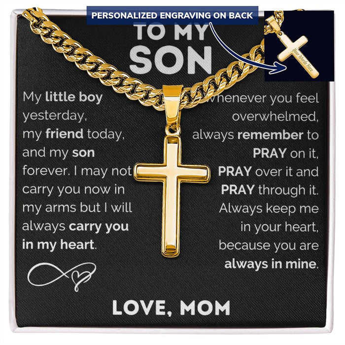 Personalized Engraved Cross Necklace for Men, Cuban Link Chain