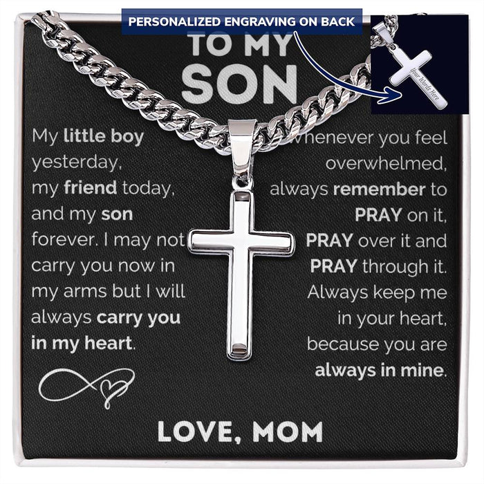 Personalized Engraved Cross Necklace for Men, Cuban Link Chain