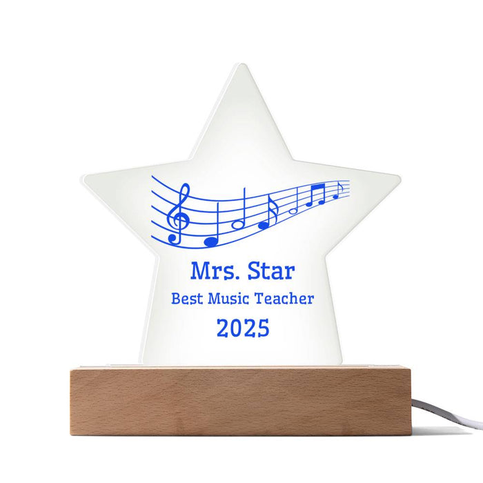 Personalized Music Teacher Gift – Acrylic Star Award with Musical Notes, Custom Name & Year