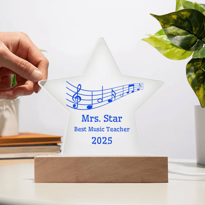 Personalized Music Teacher Gift – Acrylic Star Award with Musical Notes, Custom Name & Year