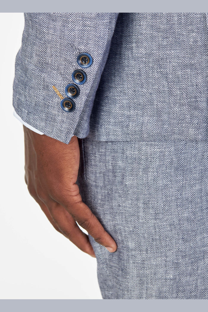 RAY – Grey Blue Tailored Fit Double Breasted Suit Herringbone Linen
